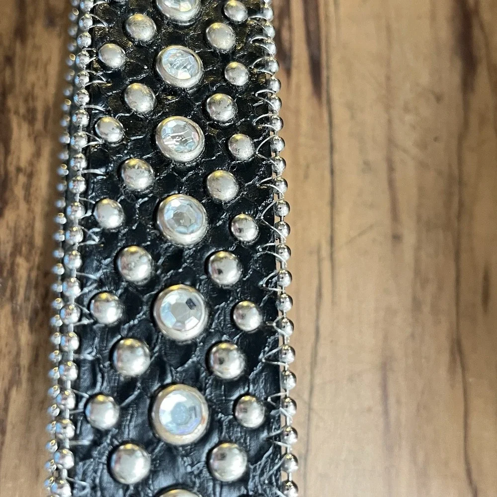 B.B. Simon Leather Belt  Black Crystal Leather 34 XL  Western Festival Rhineston